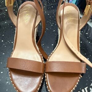 Lauren Ralph Lauren Tan Leather Espadrille Sandals with Ankle Strap